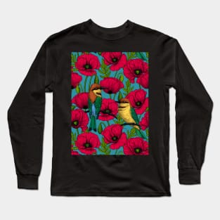 Bee eaters and poppies on orange 2 Long Sleeve T-Shirt